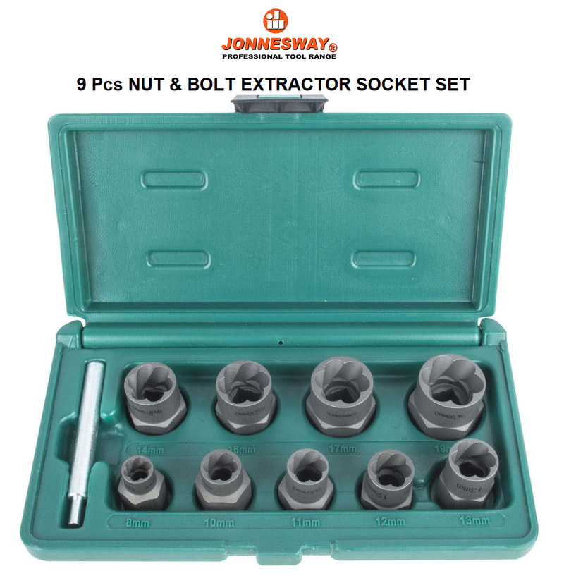 AN040080 / 9 PCS BOLT EXTRACTOR SET 3/8 DRIVE METRIC SIZE:  8 to 19 MM