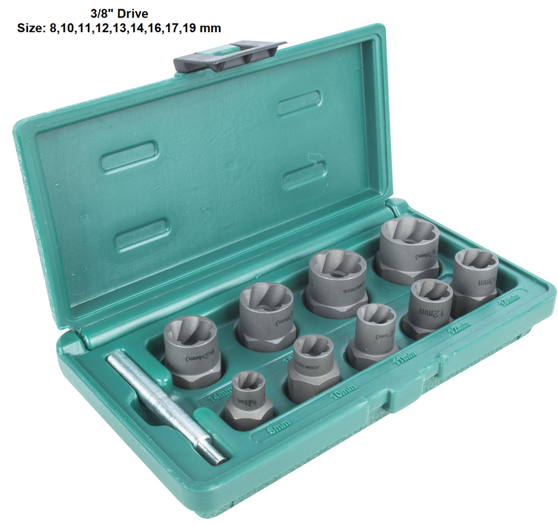 AN040080 / 9 PCS BOLT EXTRACTOR SET 3/8 DRIVE METRIC SIZE:  8 to 19 MM