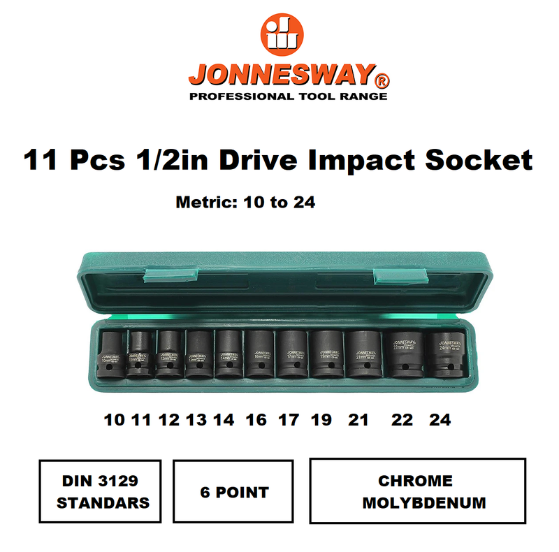 S03A4111S / 11 PCS. 1/2” DRIVE IMPACT SOCKET SET 6 PT METRIC SIZE: 10-24 MM