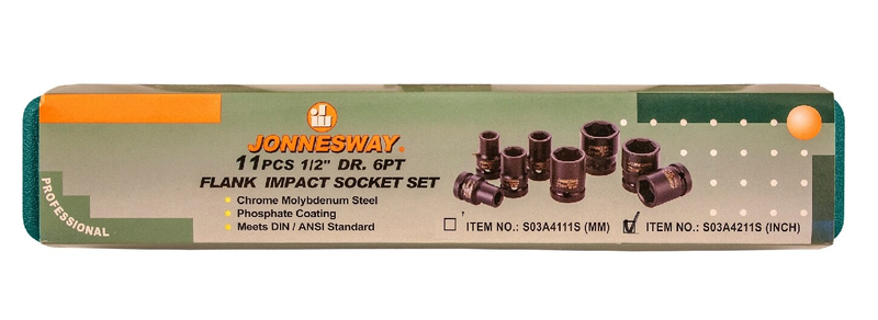 S03A4211S / 11 PCS. 1/2” DRIVE IMPACT SOCKET SET 6 PT SAE SIZE:  3/8" - 1"
