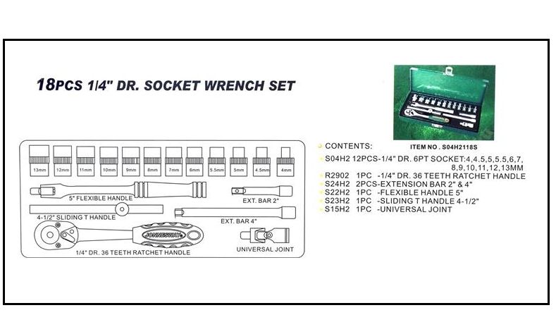 S04H2118S / 18 PCS 1/4" DRIVE SOCKET WRENCH SET METRIC SIZE: 4 to 13 MM