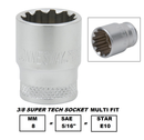 S68H3 / 3/8" DRIVE MULTIFIT SOCKET CR-V STEEL ( CR-V4) SIZE: 6.5MM ( 1/4")  to 15MM ( 19/32")