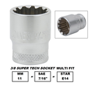 S68H3 / 3/8" DRIVE MULTIFIT SOCKET CR-V STEEL ( CR-V4) SIZE: 6.5MM ( 1/4")  to 15MM ( 19/32")