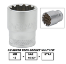 S68H3 / 3/8" DRIVE MULTIFIT SOCKET CR-V STEEL ( CR-V4) SIZE: 6.5MM ( 1/4")  to 15MM ( 19/32")