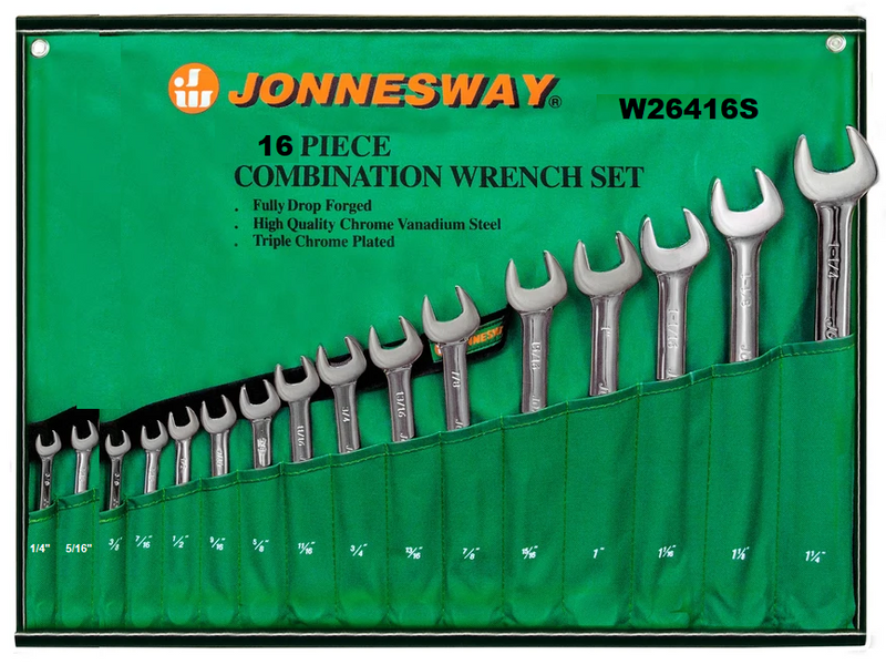 W26416S / 16 PCS COMBINATION WRENCH CR-V STEEL LONG PATTERN TYPE SAE SIZE: 1/4" To 1-1/4"
