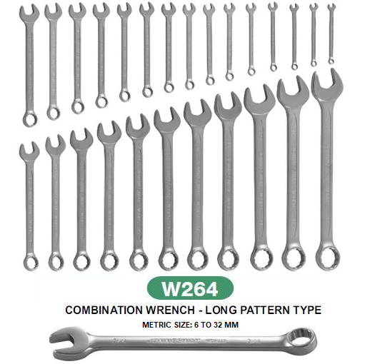 W26426PRS / 26 PCS COMBINATION WRENCH LONG PATTERN TYPE CR-V STEEL ANSI/ASME: B107.6 METRIC SIZE: 6 to 32 MM