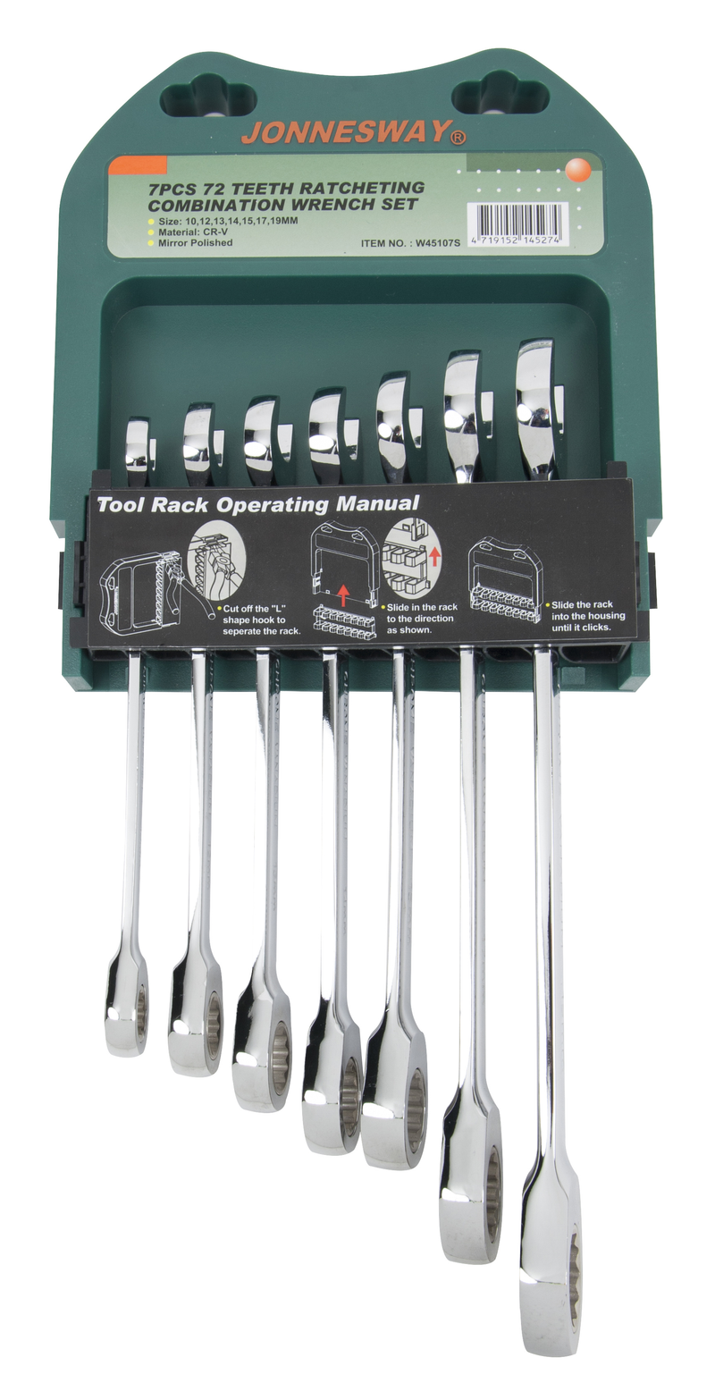 W45107S / 7 PCS 72 TEETH RATCHETING COMBINATION WRENCH SET METRIC SIZE: 10 to 19 MM