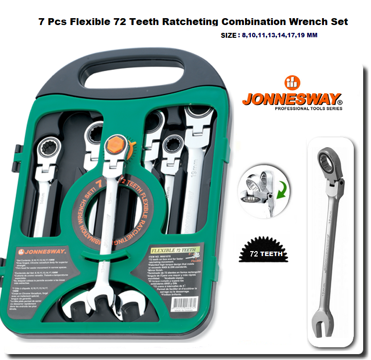 W66107S / 7 PCS FLEXIBLE 72 TEETH RATCHETING COMBINATION WRENCH SET CR-V STEEL METRIC SIZE: 8 to 19 MM
