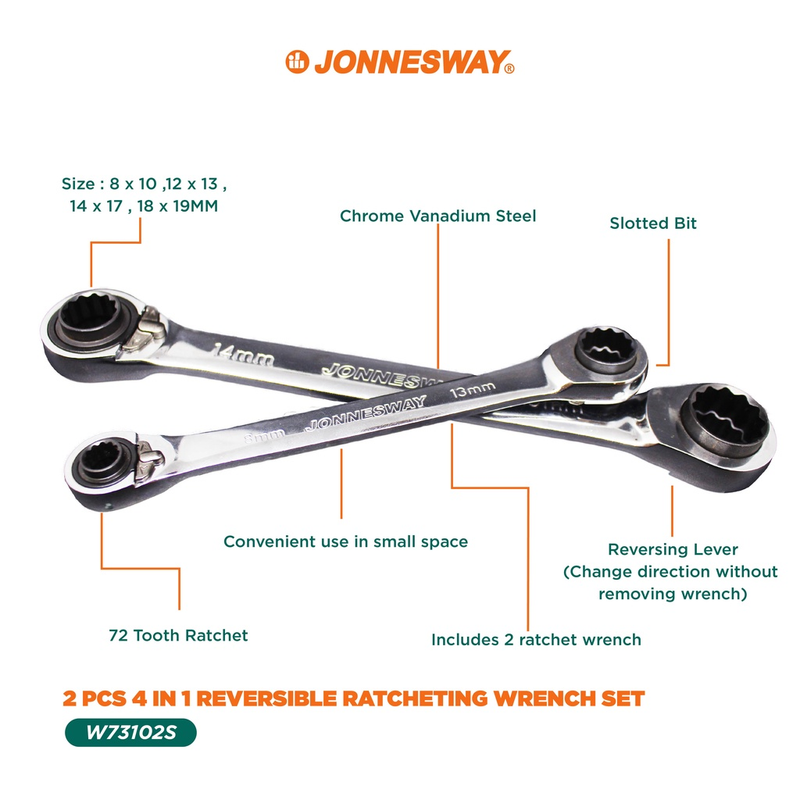 W73102S / 2 PCS 4 IN 1 REVERSIBLE RATCHETING WRENCH SET CR-V STEEL METRIC SIZE: 8 MM TO 19MM