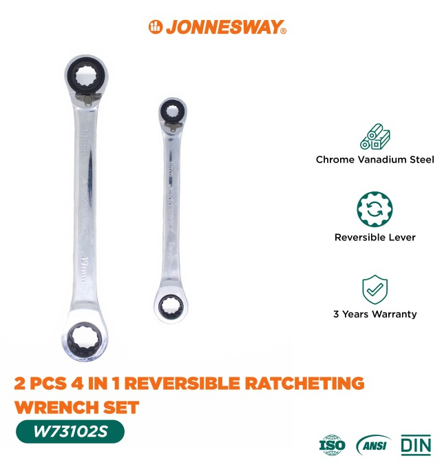 W73102S / 2 PCS 4 IN 1 REVERSIBLE RATCHETING WRENCH SET CR-V STEEL METRIC SIZE: 8 MM TO 19MM