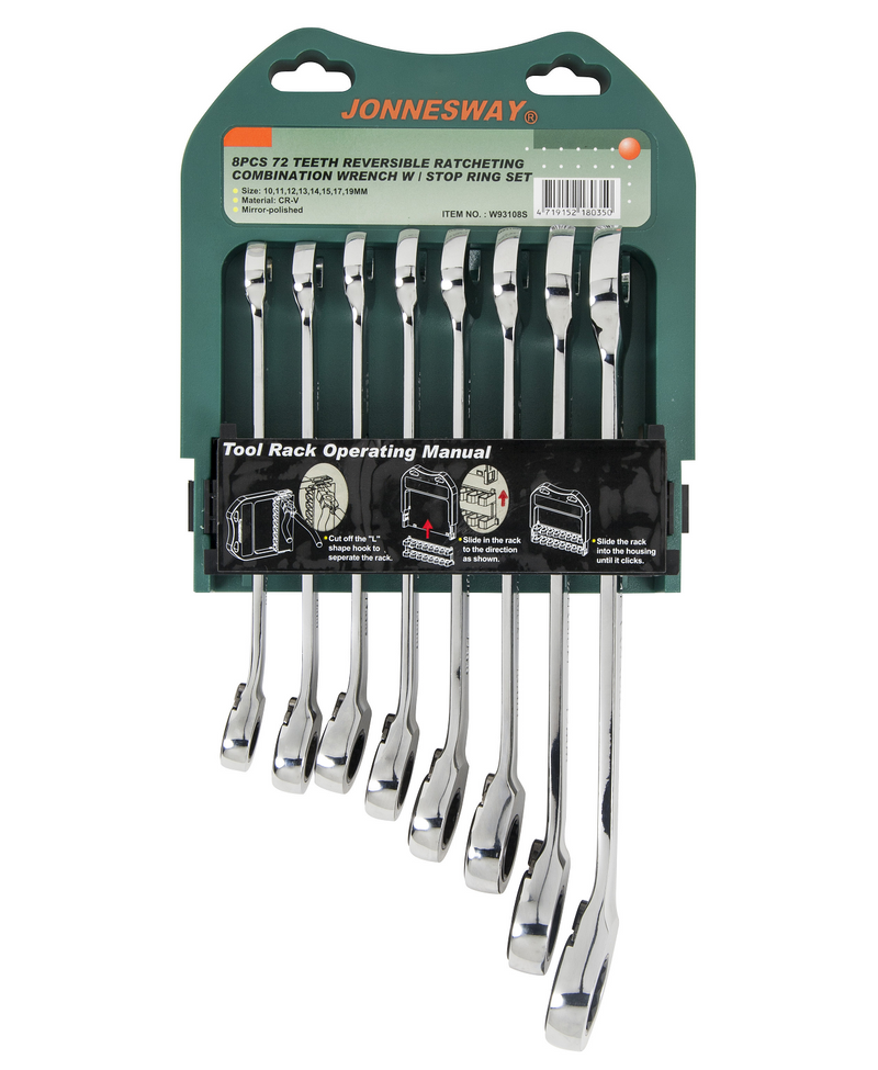 W93108S / 8 PCS 72 TEEH REVERSIBLE RATCHETING COMBINATION WRENCH WITH STOP RING SET METRIC ZISE: 10 to 19 MM